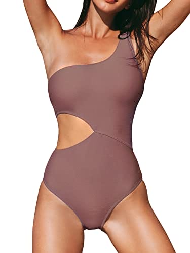 CUPSHE Women's One Piece Swimsuit One Shoulder Cut Out Ribbed Swimwear Bathing Suits Coffee M