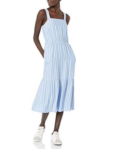 Amazon Essentials Women's Fluid Twill Tiered Fit and Flare Dress, Blue/White, French Stripe, Small