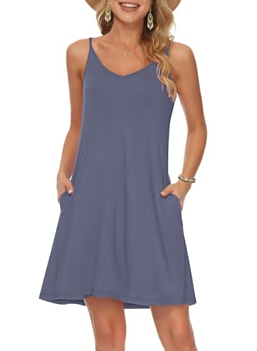 MISFAY Women's Summer Casual Loose T Shirt Dresses Beach Cover up Plain Tank Dress with Pockets (XL, Purple Gray)