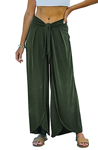Waitfairy Women's Boho Pants High Waist Split Wide Leg Pant Trousers Casual Flowy Palazzo Pants Green S