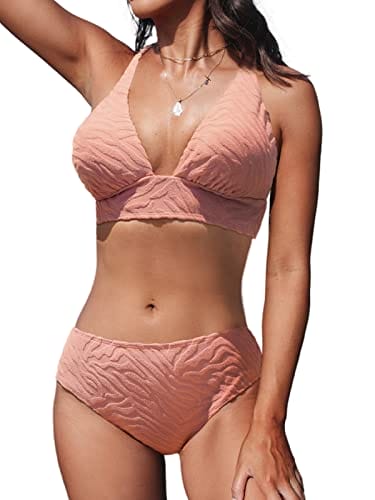 CUPSHE Bikini Set for Women Bathing Suit Mid Rise Deep V Neck Crisscross Self Back Tie Wide Straps Textured,M Pink