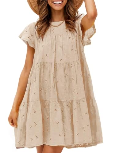 Miessial Women's Summer Babydoll Dress Cute Ruffle Loose Mini Swing Dresses Khaki 4-6