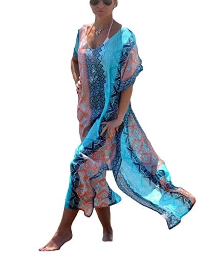Eddoyee Women Chiffon Loose Print Beach Kaftan Dress V Neck Short Sleeve Swimsuit Cover Up Blue