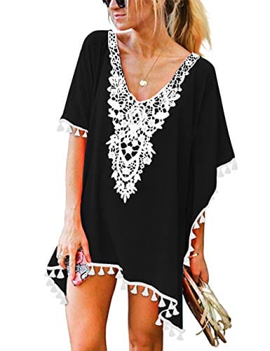 CPOKRTWSO Women’s Chiffon Swimsuit Cover up Beach Bikini Stylish Tassel Bathing Suit Cover ups Black S/M