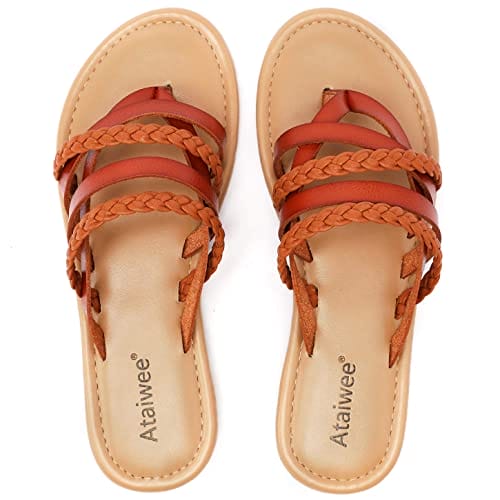 Ataiwee Women's Slide Flat Sandals - Comfortable Slip On Plait Toe Thong Strappy Spring Summer Shoes.(1908023-3,BR/PU,6)
