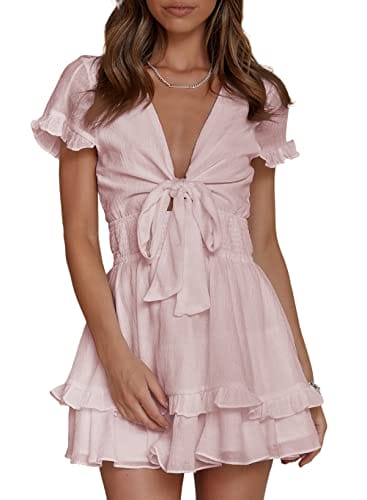 AlvaQ Womens Summer Knot Front V Neck Ruffles Short Sleeve Swing Mini Dress Sundresses Plus Size Pink Large