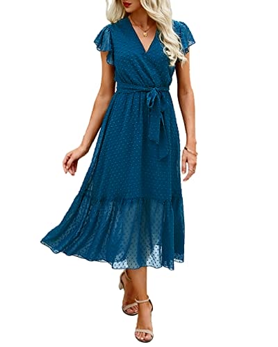 BTFBM Women Summer Bohemian Floral Casual Wrap V Neck Ruffle Cap Sleeveless Belt A-Line Pleated Hem Swing Midi Sun Dress (Swiss Dot Lake Blue, s)
