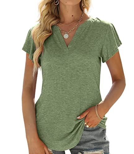 Women's Casual Tops V Neck Ruffle Sleeve Loose Blouses T Shirts for Women A Army Green