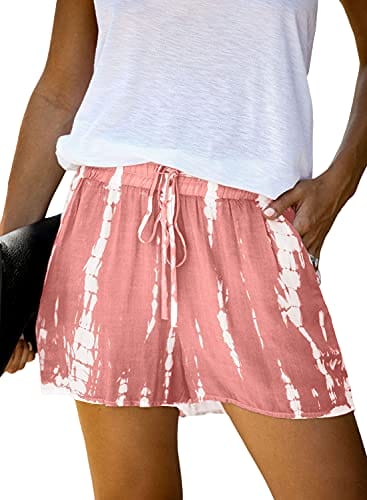 CILKOO Casual Drawstring Shorts Tie Dye Print Linen Shorts Women High Waist Summer Linen Shorts Pants Pockets Pink US4-6 Small