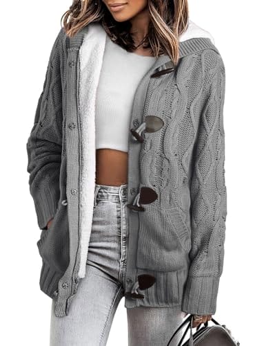 Sidefeel Women Button Up Cardigan Hooded Sweater Coat Outwear with Pockets Medium Grey