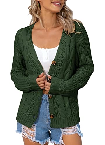 LAICIGO Women's Button Down Cardigan Sweater Open Front Cable Knit Long Sleeve Lightweight Outwear Green