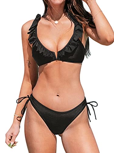 CUPSHE Bikini Set for Women Two Piece Bathing Suits Low Waisted Ruffled Back Hook Adjustable Straps Push Up High Cut, M Black