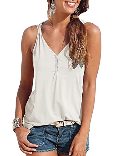 Womens Loose Fit Tank Top Sleeveless V Neck Summer Button Shirts Casual Side Split Basic Tops White