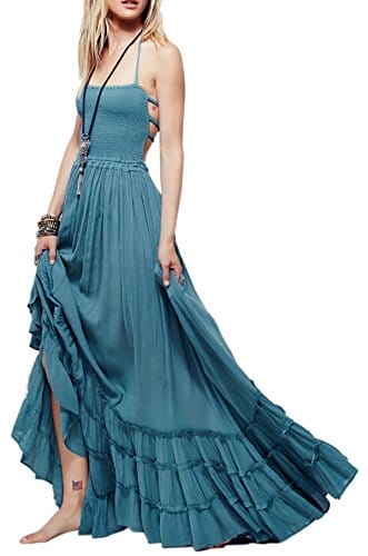 R.Vivimos Womens Summer Cotton Sexy Backless Long Dresses (Large, Blue)