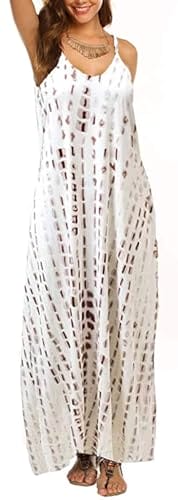 Summer Casual Sundress Long Dresses for Women 2024 Floral Printed Bohemian Spaghetti Strap Floral Long Maxi Dress with Pockets (Medium,AA-Coffee)