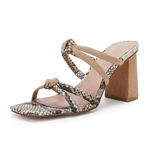 LAICIGO Women's Square Toe Heeled Sandals Mid Chunky Block Heel Double Knot Slip On Dress Party Shoes