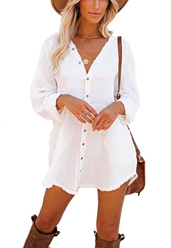 iGENJUN Sun Dress Summer Dresses for Women 2022 Beach Cover Up Boho Dresses for Women with Pockets Bathing Suit Covers,S,White