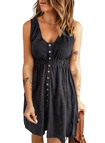 Ecrocoo Women's Summer V Neck Sleeveless Swing Dresses Casual Mini Solid Color Elastic Waist Tank A-Line Button Down Dress,Gray XL