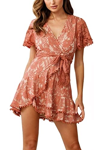 Women's Flower Lace Tie Front Wrap Mini Dress- Deep V Neck Floral Ruffle Sleeves Hem Short Skater Dresses for Bridal Shower