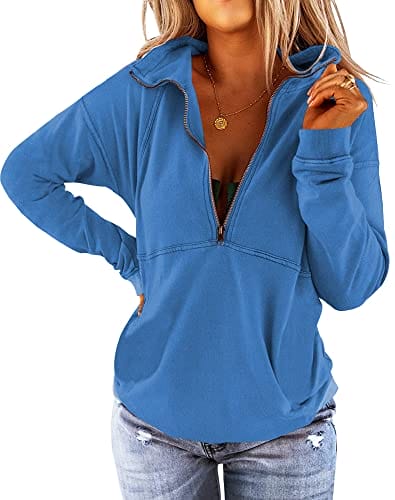 Floral Find Women's Long Sleeve Lapel Half Zip Up Sweatshirt Solid Stylish Loose Fit Casual Pullover Tops (Blue, XX-Large)