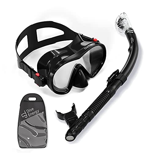 Dive Energy 2019 Adult Dry Snorkel Set with Adjustable Dual Strap - Enjoy Swimming, Snorkeling, Scuba Diving with Anti-Fog Tempered Glass Mask and No Leaks Dry Top Snorkel with Silicon Mouth Piece