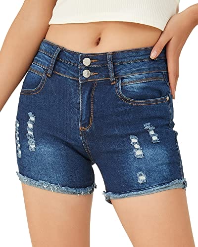 PHOENISING Women's Stylish Ripped Hole Denim Shorts Summer Comfy Short Pants, Dark Blue, Size 2-16