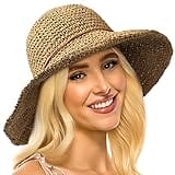 Women's Foldable Straw Sun Hat Wide Brim UPF 50+ Crochet Summer Floppy Beach Hat Khaki
