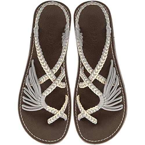 Capana Rope Sandals for Women,Handwoven Women's Sandals, Boho Sandals, Walking Sandals, Beach Sandals for Women, Dressy Flip Flops, Straw Sandals, Strappy Sandals, Cream Gray, 7 UK