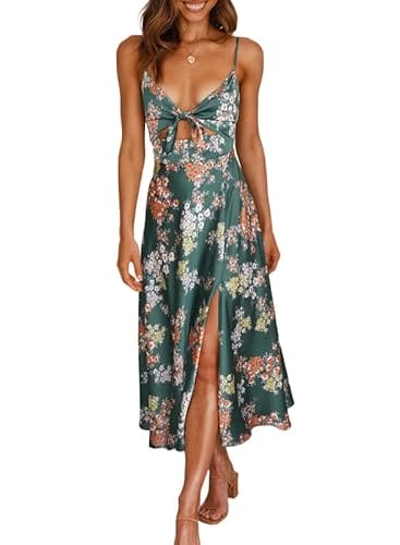 Dokotoo Womens Ladies Elegant Satin Dresses Summer Beach Floral Print Spaghetti Strap Split Sundress Sexy V Neck Tie Front Boho Cut Out Maxi Dress for Party Club Green Medium