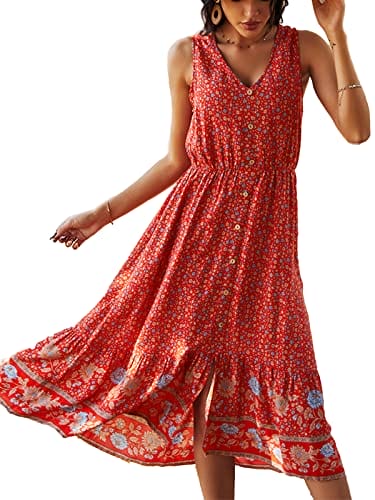 TEMOFON Women Dress Summer Sleeveless Bohemian: Floral V Neck Button Down Flowy Boho Dresses Red S