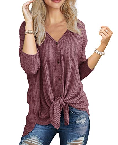 IWOLLENCE Womens Loose Henley Blouse Bat Wing Long Sleeve Button Down T Shirts Tie Front Knot Tops Rust Red Medium