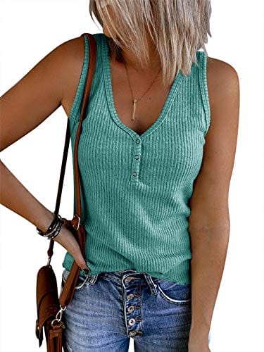 Saodimallsu Womens V Neck Tank Tops Summer Ribbed Sleeveless Henley Shirts Casual Loose Button Up Cami Knit Tees (Small, Light Green)