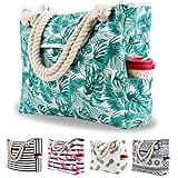 Women Beach Bag Large Waterproof Sandproof, Green Palm Leaf Hawaiian Tropical Extra Canvas Pool Tote Pockets, Travel Gym Yoga Swim XL Essentials Family Accessories Oversized Stuff Vacation Supplies