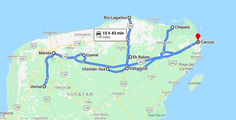 YUCATAN PENINSULA ROAD MAP ITINERARY #2 