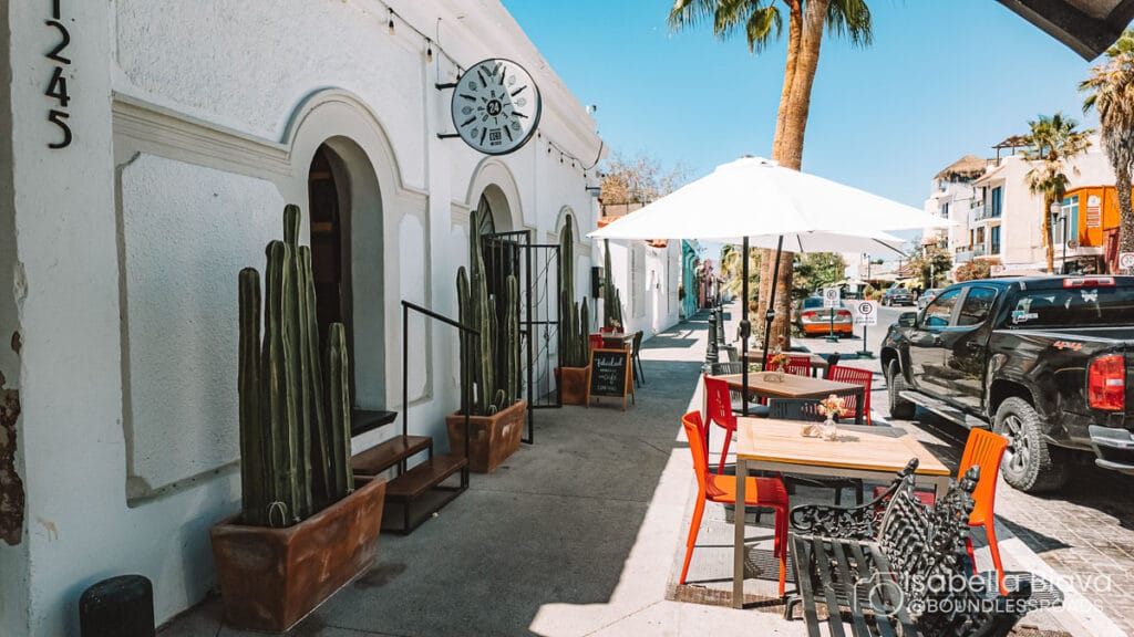 A lively street with outdoor seating, cactus decor, palm trees, and parked vehicles. Bright day with clear skies.