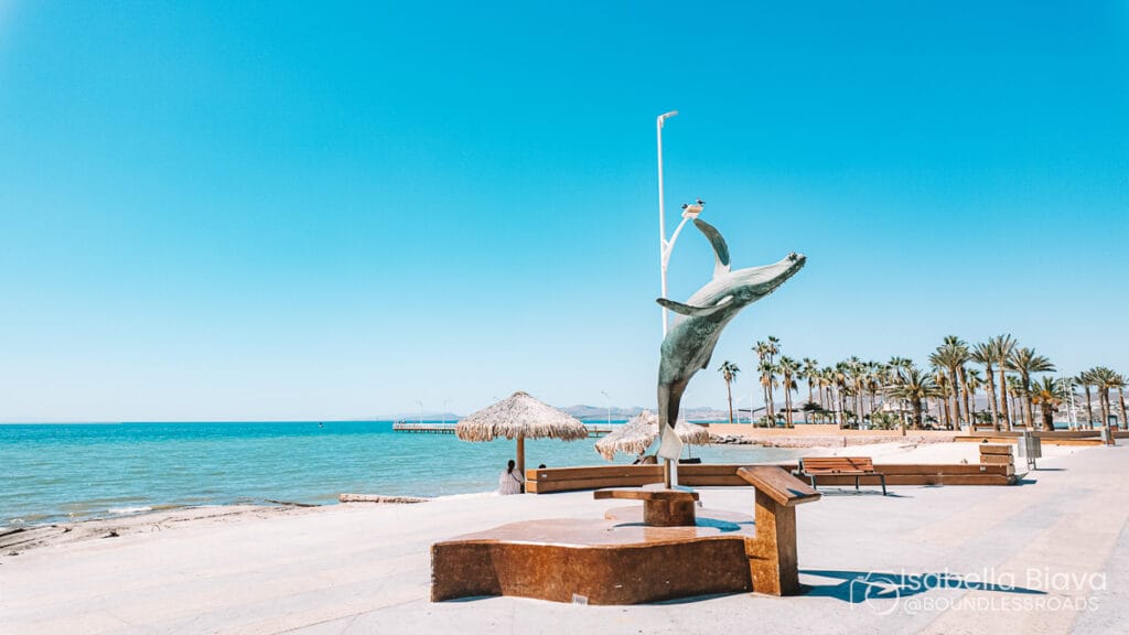 A coastal promenade features a leaping whale sculpture, palm trees, benches, and a person near thatched umbrellas, overlooking the tranquil sea and pier.