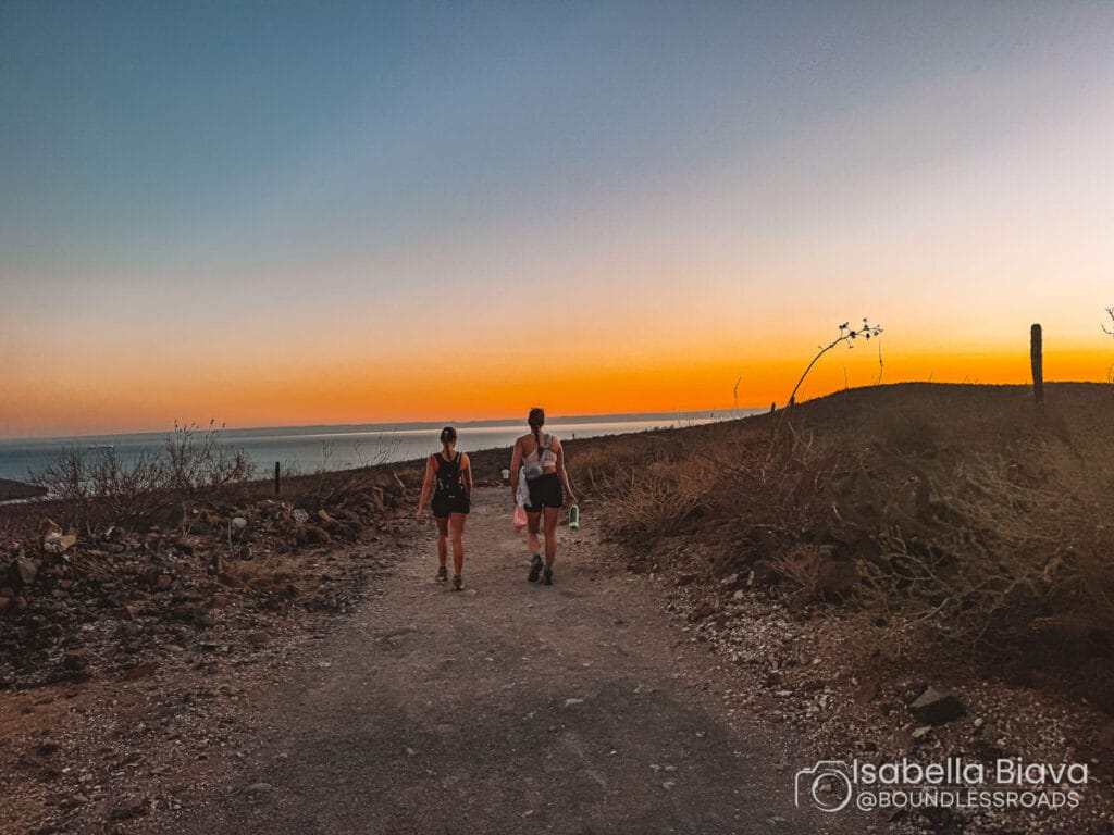 Two people walk on a rocky path during a picturesque sunset by the sea, surrounded by dry, sparse vegetation.