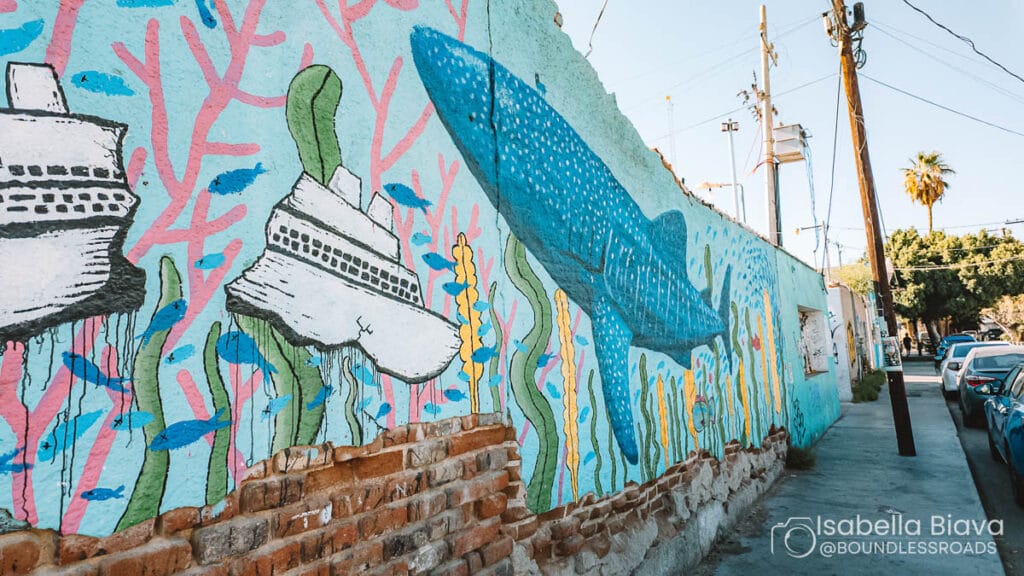 Colorful outdoor mural depicts marine life, featuring a large blue whale shark. Vibrant surroundings include cars, trees, and power poles alongside a street.