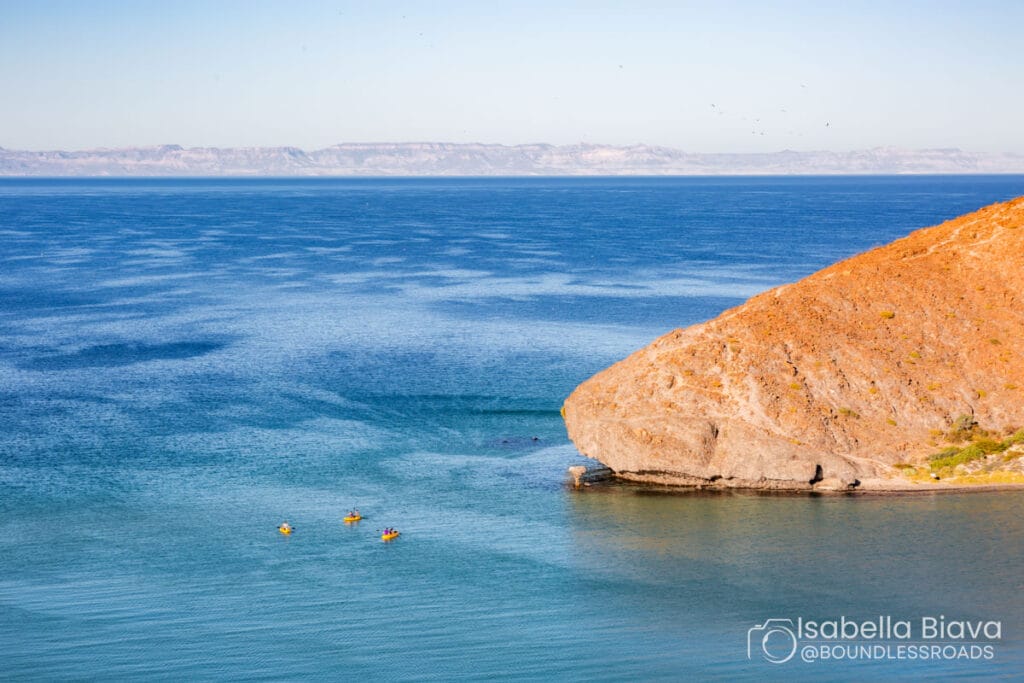 Three yellow kayaks with people paddle near a rocky cliff by calm blue water and distant mountains, under a clear sky.