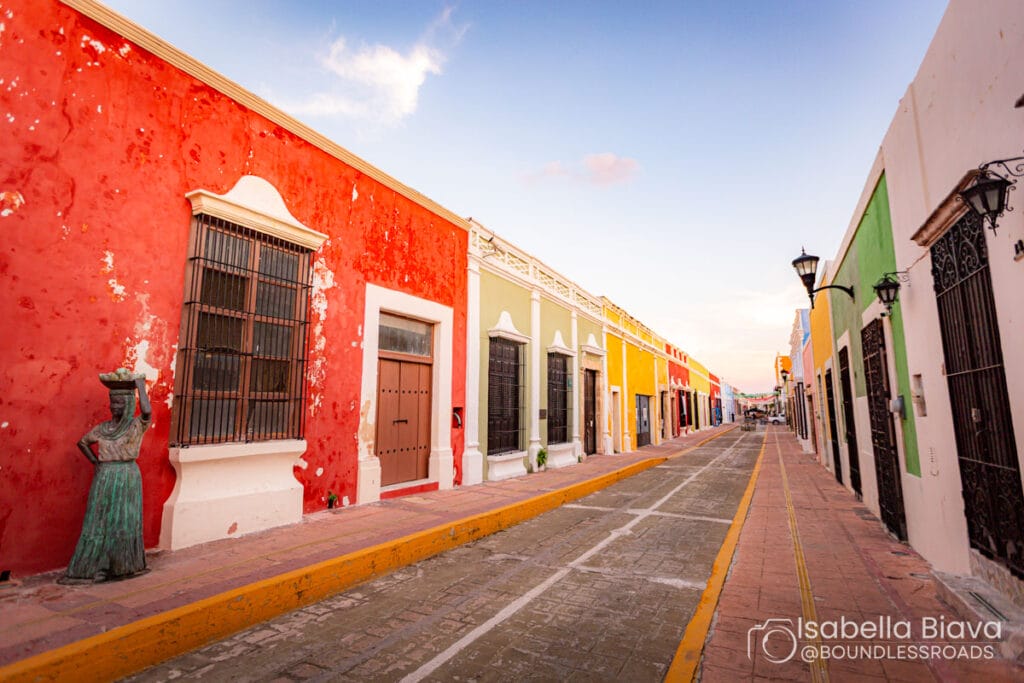Vibrant colored buildings on a sunny street