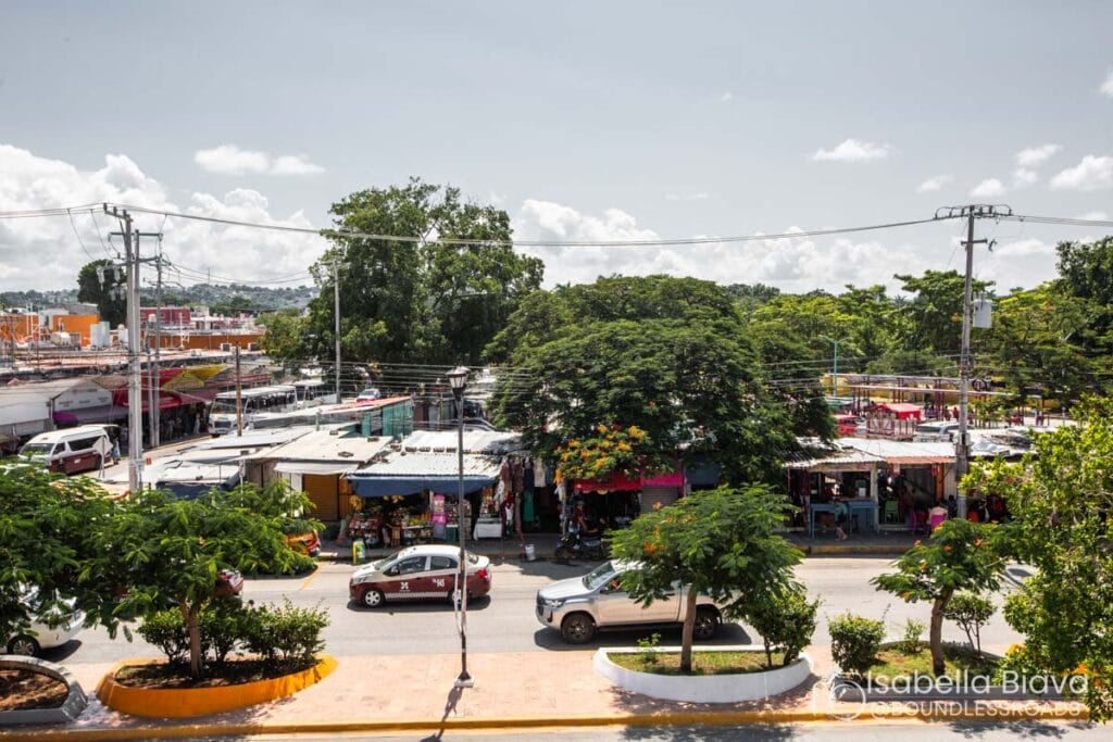 Busy street market with trees and parked cars.