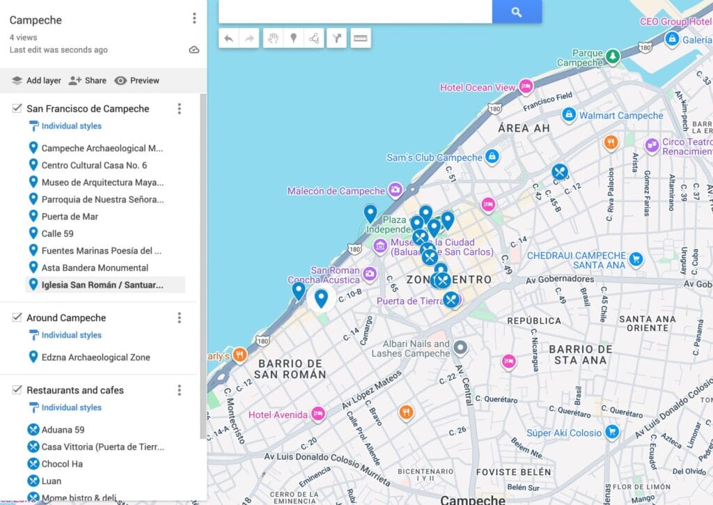 Map of tourist spots in Campeche, Mexico.