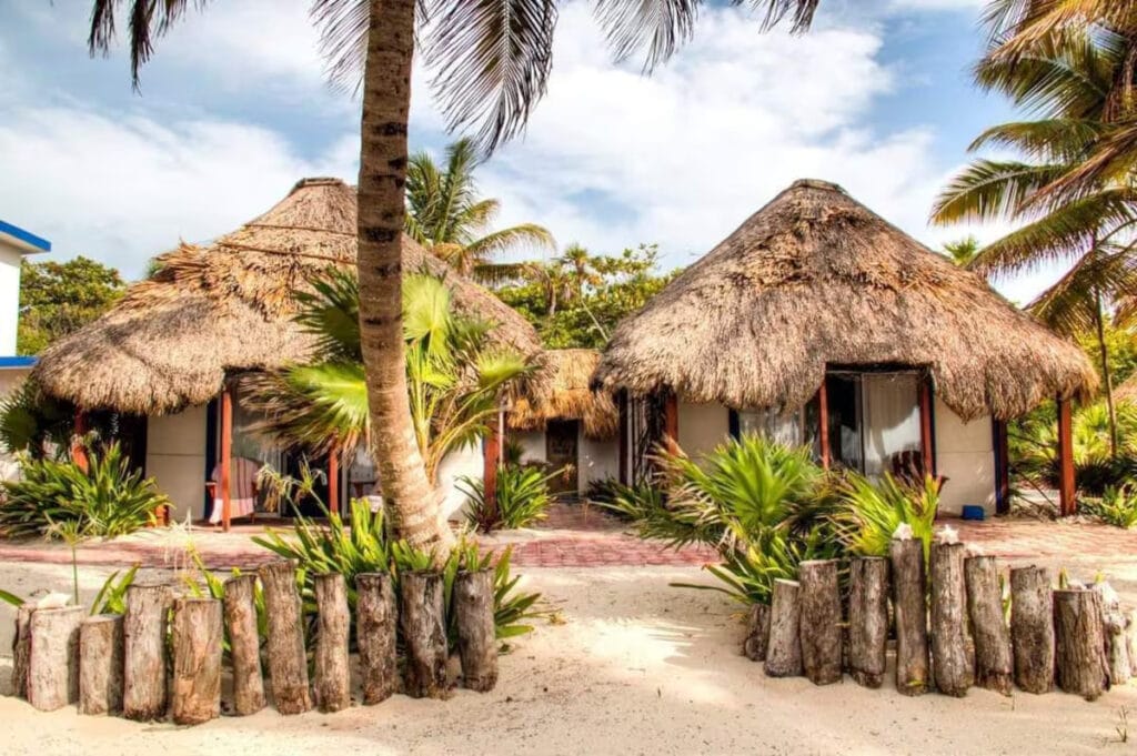 Tropical huts surrounded by palm trees on beach.